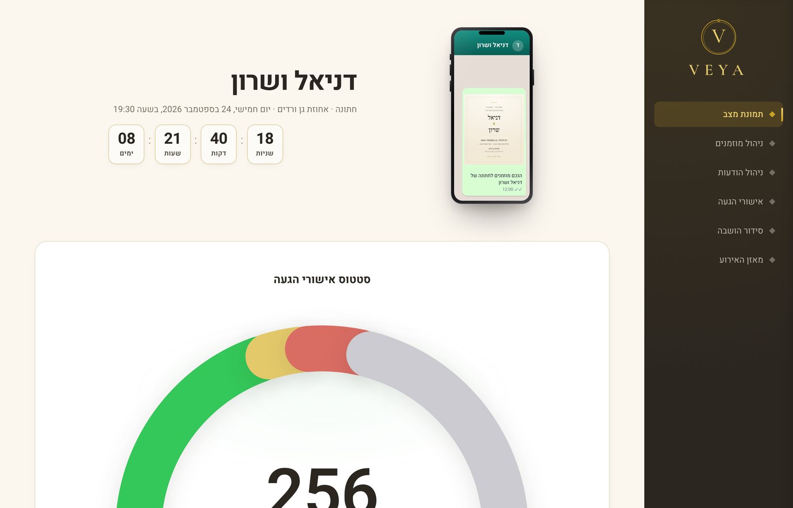תמונת המצב של VEYA בדפדפן: דניאל ושרון, ספירה לאחור לאירוע, ומחוון אישורי ההגעה — 256 מתוך 644 אישרו, 45 לא החליטו, 69 לא מגיעים ו־274 ממתינים לתשובה